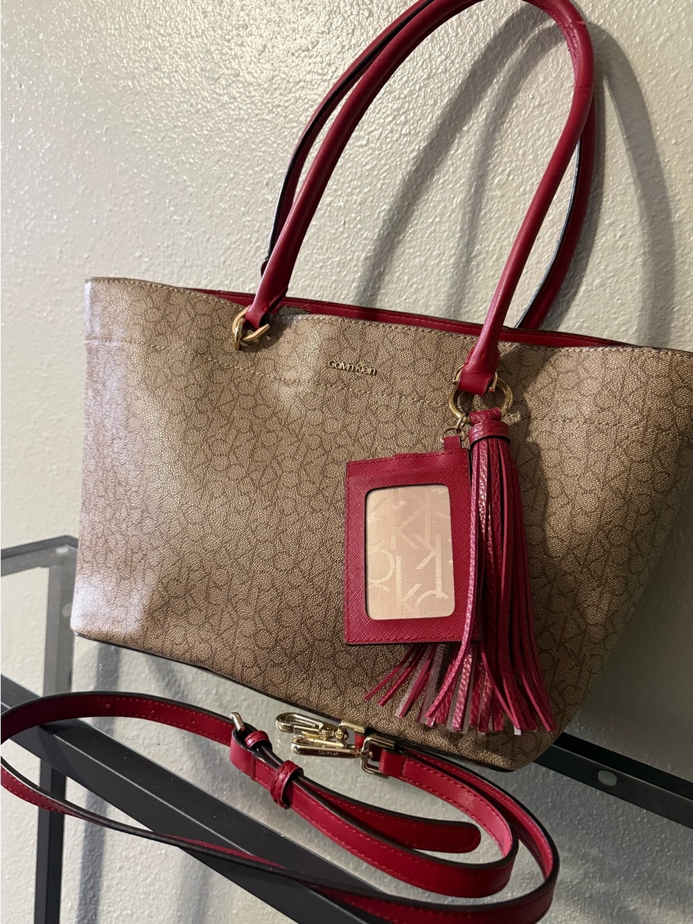 Calvin Klein Metallic Gold Monogram Tote Bag Red Trim With Cardholder